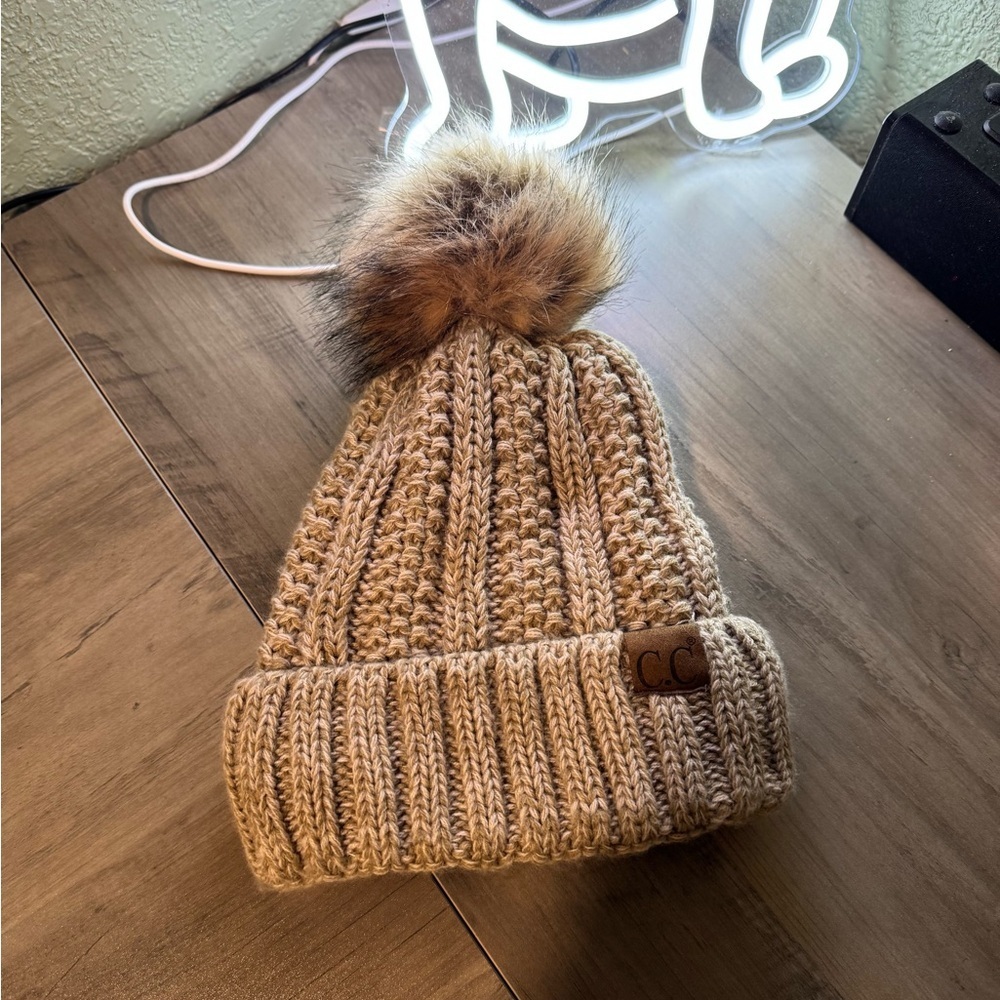 C.C Tan Knit Pom-Pom Beanie